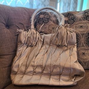 Large Pleated Fringe Faux Leather Tote in Silver